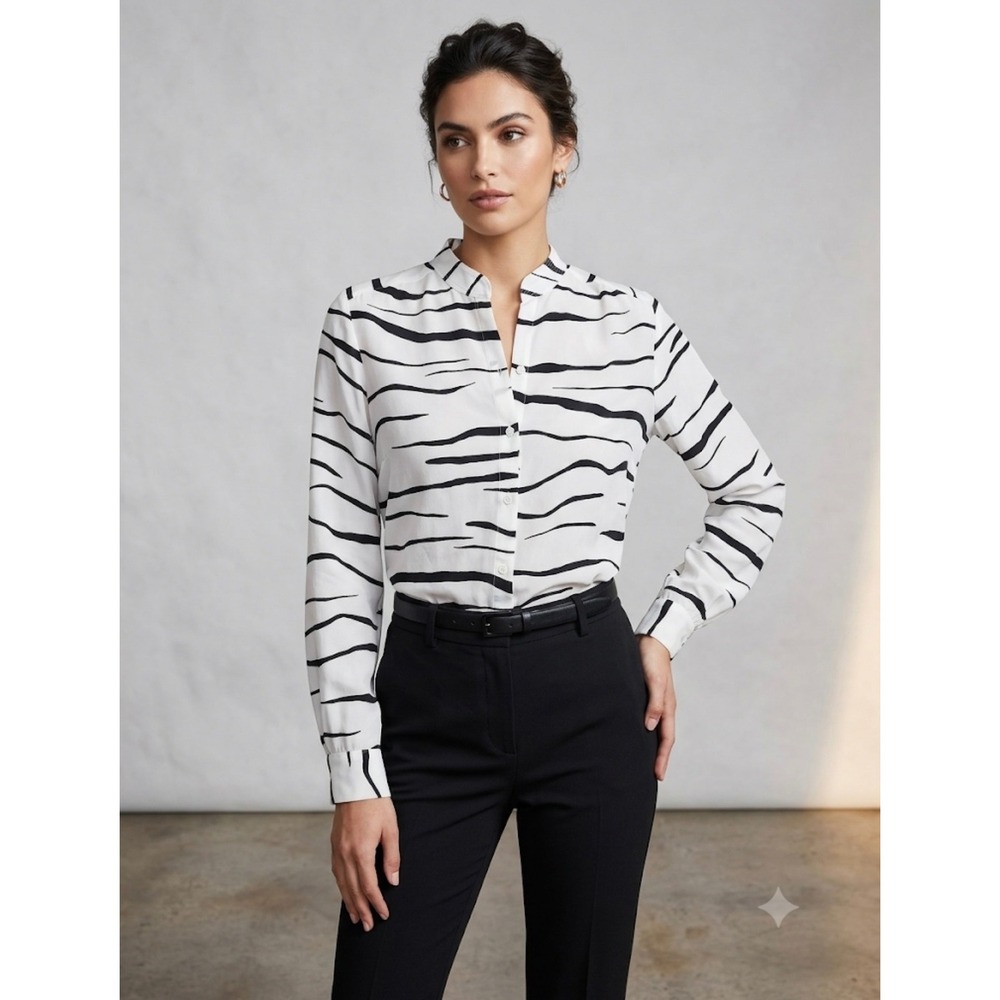 L'AGENCE Ryan Zebra Print 100% Silk Mandarin Collar Blouse White Black XS